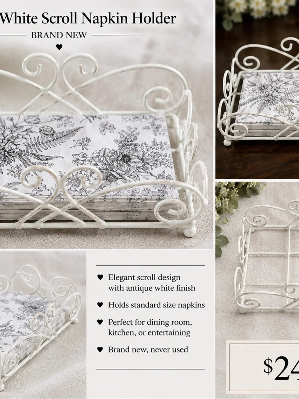 White Scroll Napkin Holder